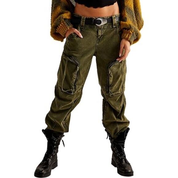 We The Free People Can't Compare Slouch Pants Cargo Green M Straight Mid-Rise - Picture 5 of 10